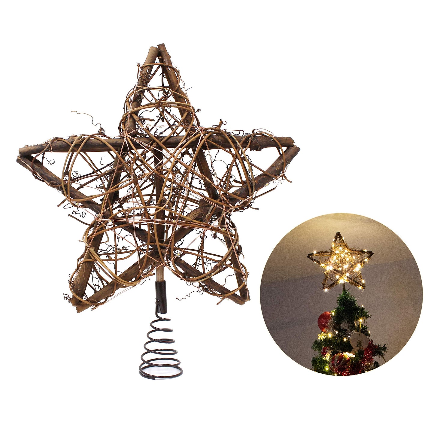 Joiedomi 8 Inch Christmas Tree Toppers, 30 LED Rustic Rattan Star Lighted for Xmas Decorations, Holiday Party Indoor Decor