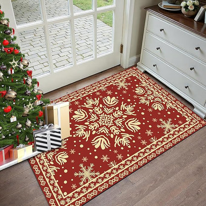 3' X 5' Christmas Area Rugs Snowflake Rug Washable for Indoor Entryway Bedroom Living Room Dorm Laundry Classroom Red Xmas Doormat for Kids Girls Women Floor Mat Pad Carpet