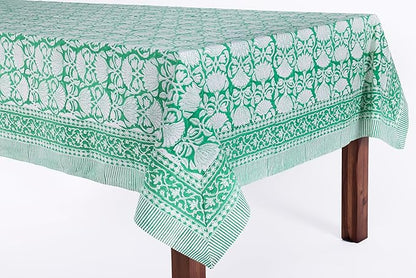 ATOSII Meadow Green 100% Cotton Rectangle Boho Tablecloth, Handblock Floral Table Cloth Linen for Kitchen Dining I Parties Wedding Outdoors Picnis I 72 X 120 Inches I 10 Seater