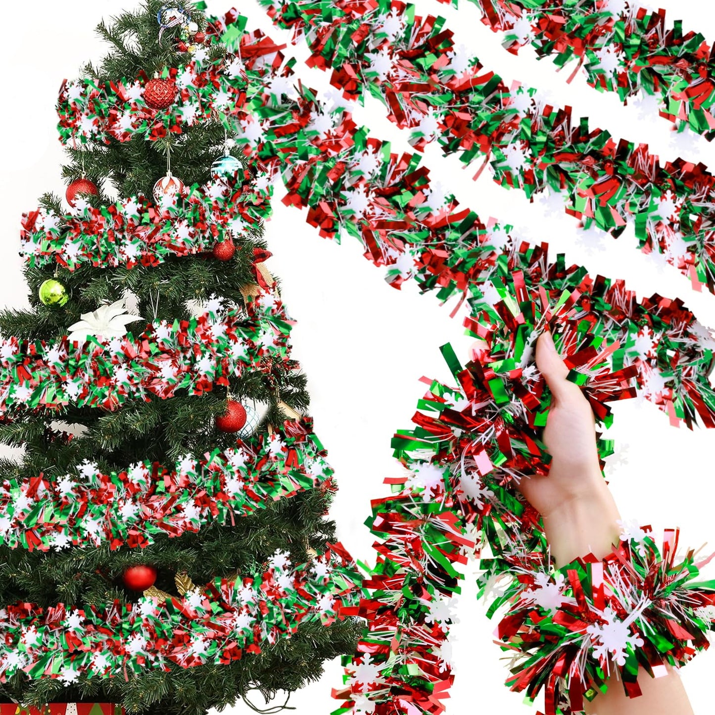 Rismise Green and Red Christmas Metallic Tinsel Twist Garland 49 Feet Glitter Christmas Tree Hanging Wreath Decor Xmas Tinsel Garland for Home Mantle Stair Railing New Year Indoor Outdoor Decorations