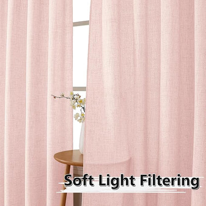 Tollpiz Short Linen Curtain Bedroom Rod Pocket Semi Sheer Curtains Burlap Light Filtering Thick Linen Drape for Living Room, 38 x 54 inches Long, Pink, Set of 2 Panels