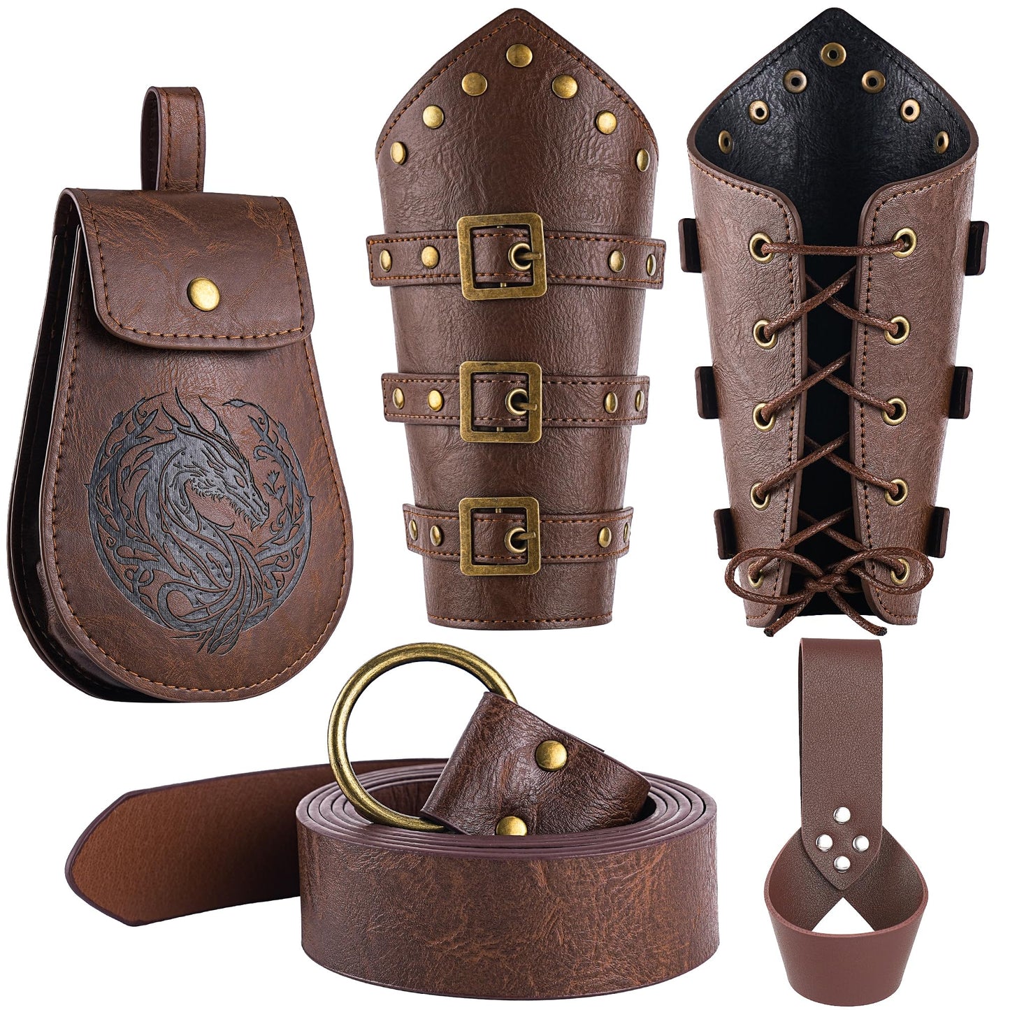 Leadinor 5 Pcs Renaissance Accessories, Medieval Viking Belt Pouch Leather Bracers Sword Frog for Halloween Costume (Brown)
