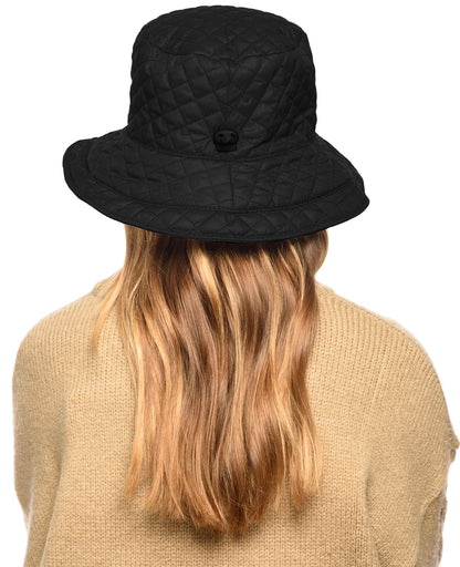 Foldable Water Repellent Quilted Rain Hat w/Adjustable Drawstring, Bucket Cap (Black)