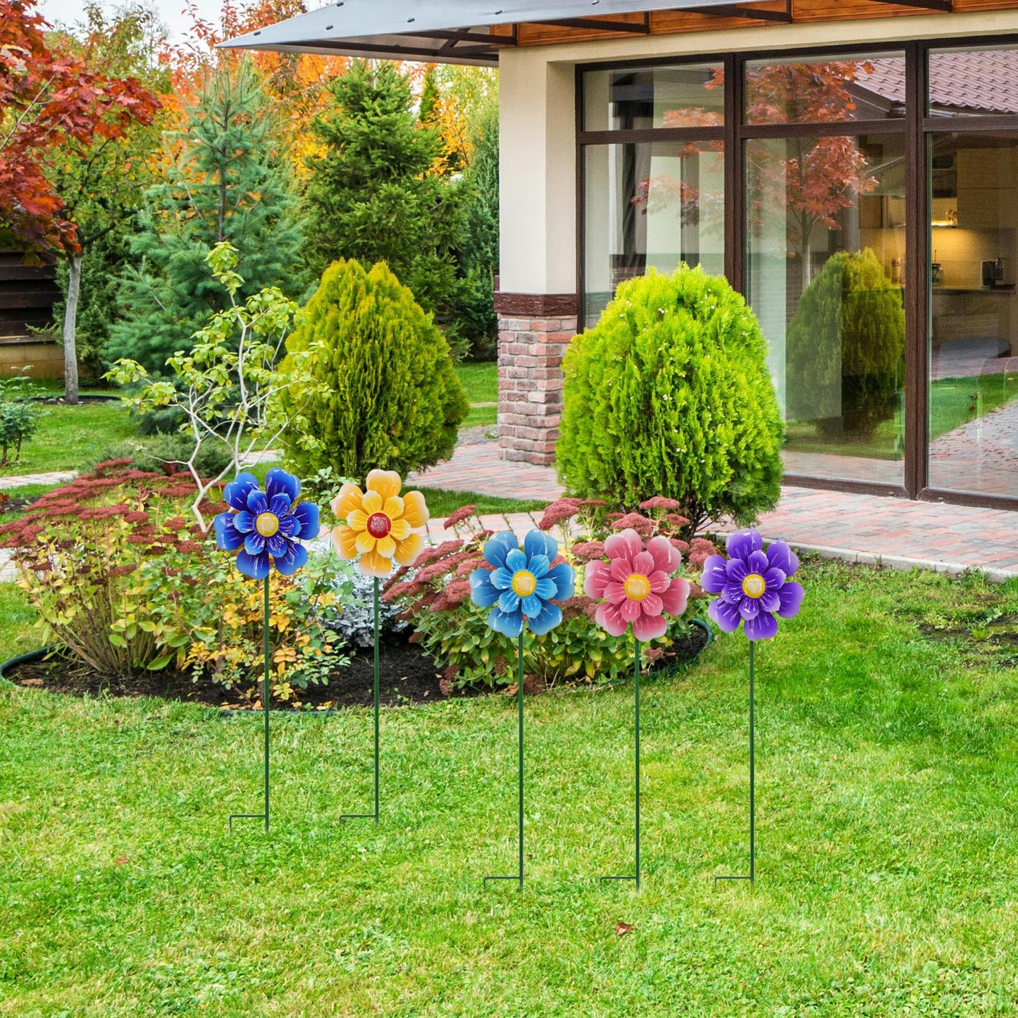Metal Flower Wind Spinner Garden Lawn Stakes Yard Art, 27 Inch Windmill Outdoor Garden Iron Handicraft Lawn Ornament, Outside Front Porch Patio Yard Decor, 5 Pieces Outdoor Valentines Decoration Gift