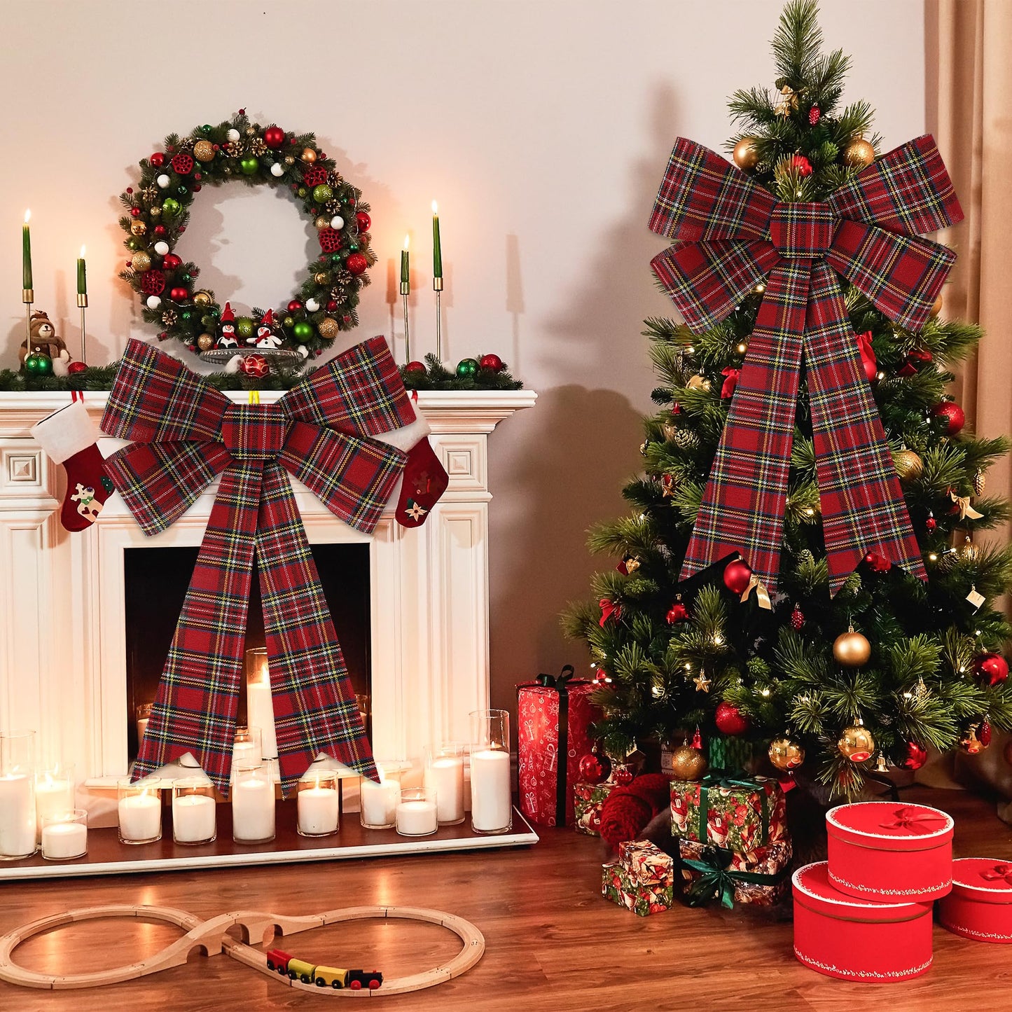 1 PCS Christmas Tree Bows, 9x12 In Large White Black Red Velvet Bows for Christmas Tree, Buffalo Plaid Plastic Big Christmas Bow for Xmas Decorations Wreath Stairs Railing Fireplace Front Door Decor
