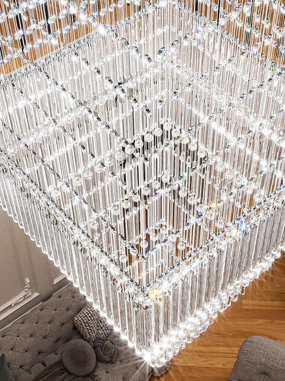 Flashing God D48''X H120'' Large Crystal Chandeliers for High Ceiling Square Crystal Raindrop Chandelier, Foyer Long Lighting Fixtures for Foyer Entryway Villa Silver ﻿