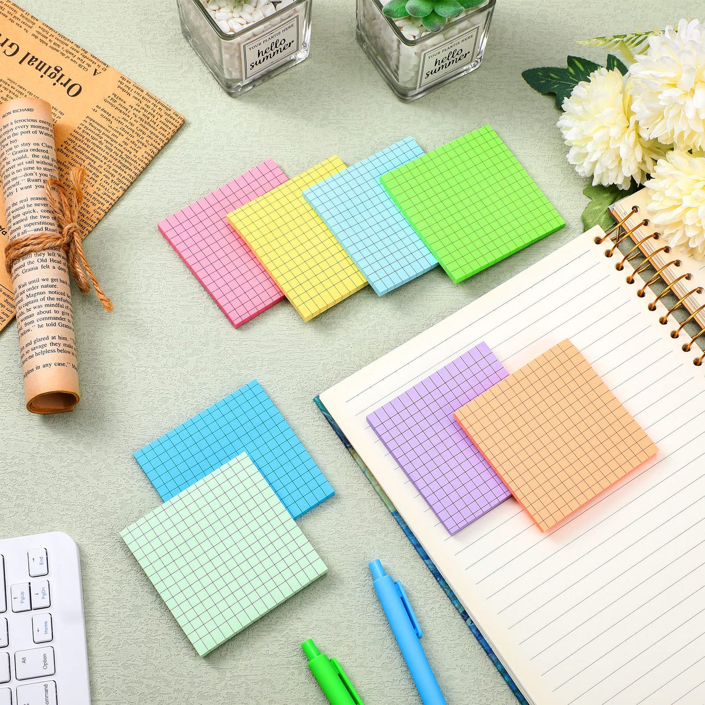 Geosar 24 Pack Lined Grid Sticky Notes 3 x 3 Inch Note Colorful Self Stick Notes Power Memo Pads Strong Adhesive Self Stick Note for Gifts School Office Supplies 8 Colors (Macaron Color)