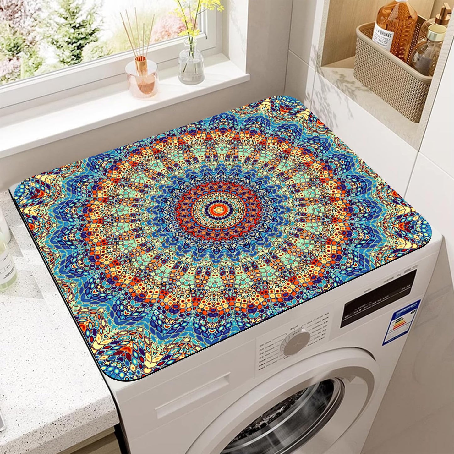 Boho Mandala Flowers Dryer Top Protector Mat,Dust-proof Washer and Dryer Covers For The Top,Non-slip Washing Machine Dust Cover Pad for Laundry Room Home Decor,23.6"x19.7"