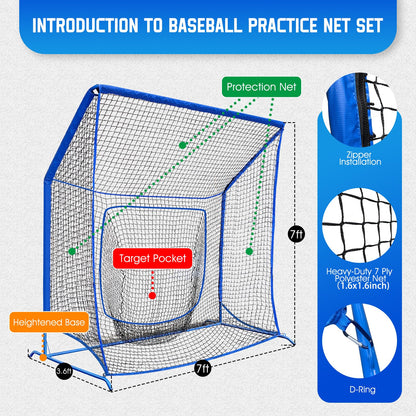 Baseball Softball Net with Blocking System, 7x7FT Practice Cage for Batting/Pitching/Fielding, Metal Frame with Elevated Base and Storage Bag for Backyard Outdoor Indoor