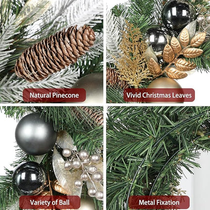 24 inch Christmas Door Wreath, Norfolk Pine Wreaths for Front Door with Silver Ball Glittered Leaf Spray Stems Pinecones Berries for Fireplace Xmas Decorations, Wall Window Indoor Outdoor Decor