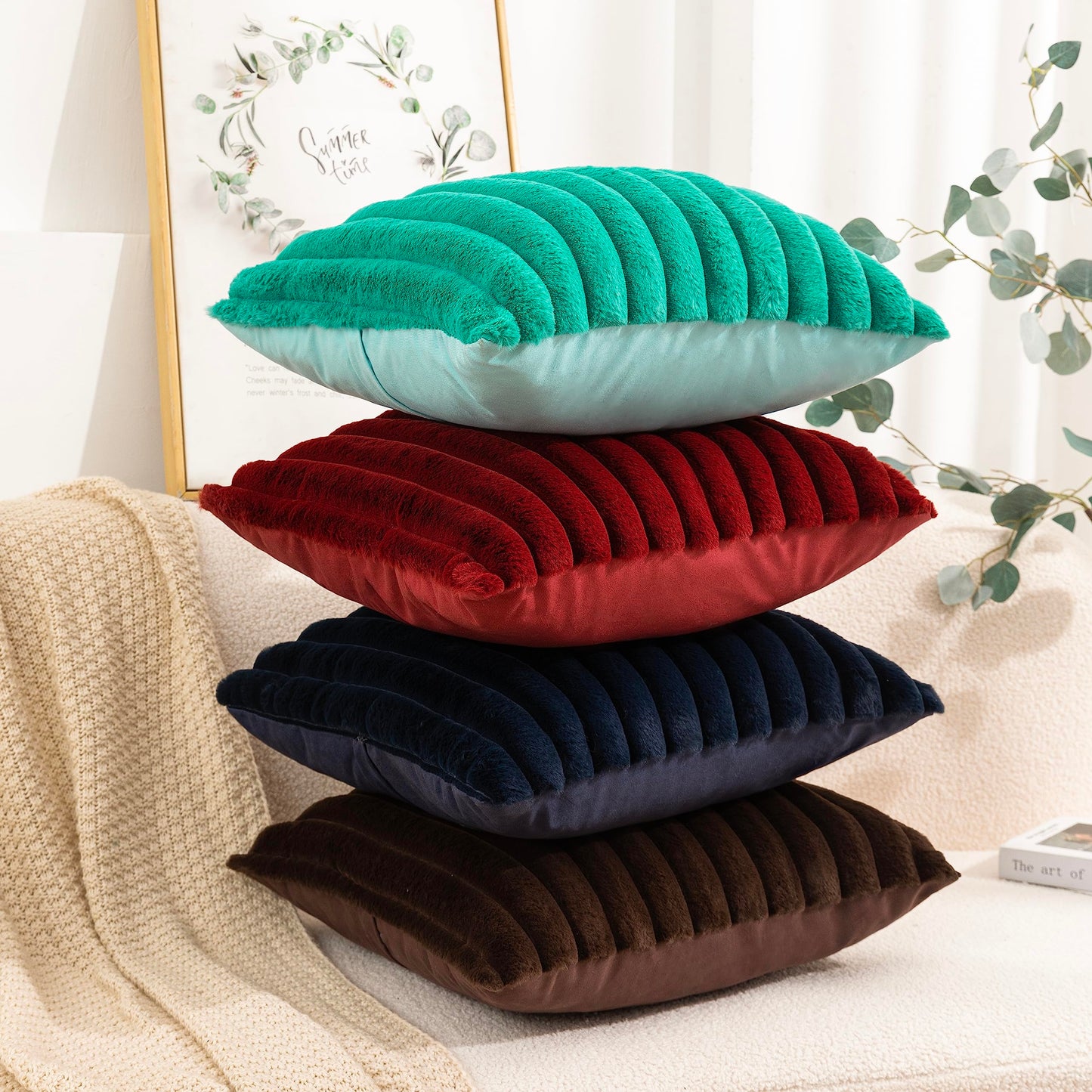 Uhomy Set of 2 Faux Fur Plush Christmas Red Decorative Throw Pillow Covers Fuzzy Striped Soft Pillowcase Cushion Covers for Sofa Couch Bedroom 12x20 inch 30x50 Cm Burgundy Red