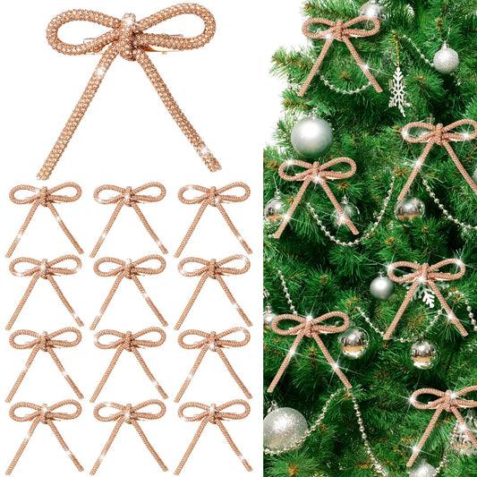 12 Pcs 3.2''x2.8'' Gold Glitter Christmas Bows Ornaments with Clip Metal Shiny Christmas Tree Decorations Bows for Wreath Garland Xmas Party Decorations Wedding Baby Shower Home Indoor Outdoor