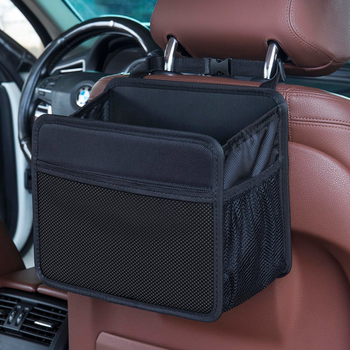 Car Seat Back Organizer Hanging Bag [2025 UPDATED] Foldable Backseat Storage Caddy with 5 Compartments & Adjustable Straps, Fits for Front/Back Headrest, Ultra-Durable - Black