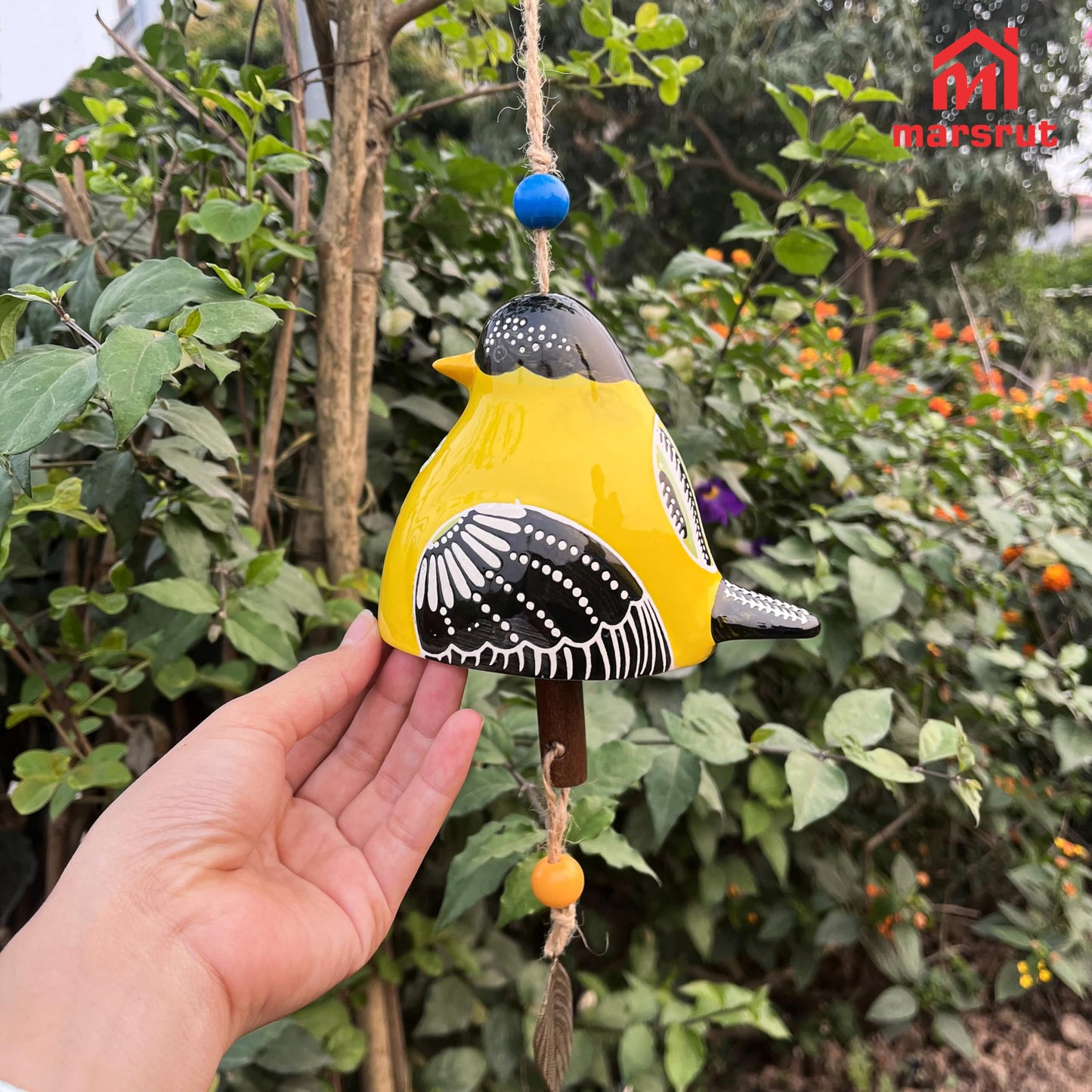 Bird Song Bell Wind Chime, Ceramic Cardinal Fashion Hanging Windchimes for Rustic Music Garden Backyard Church Decoration Porch Outside Outdoor Festival Memorial Gift Witness Friendship (Yellow)