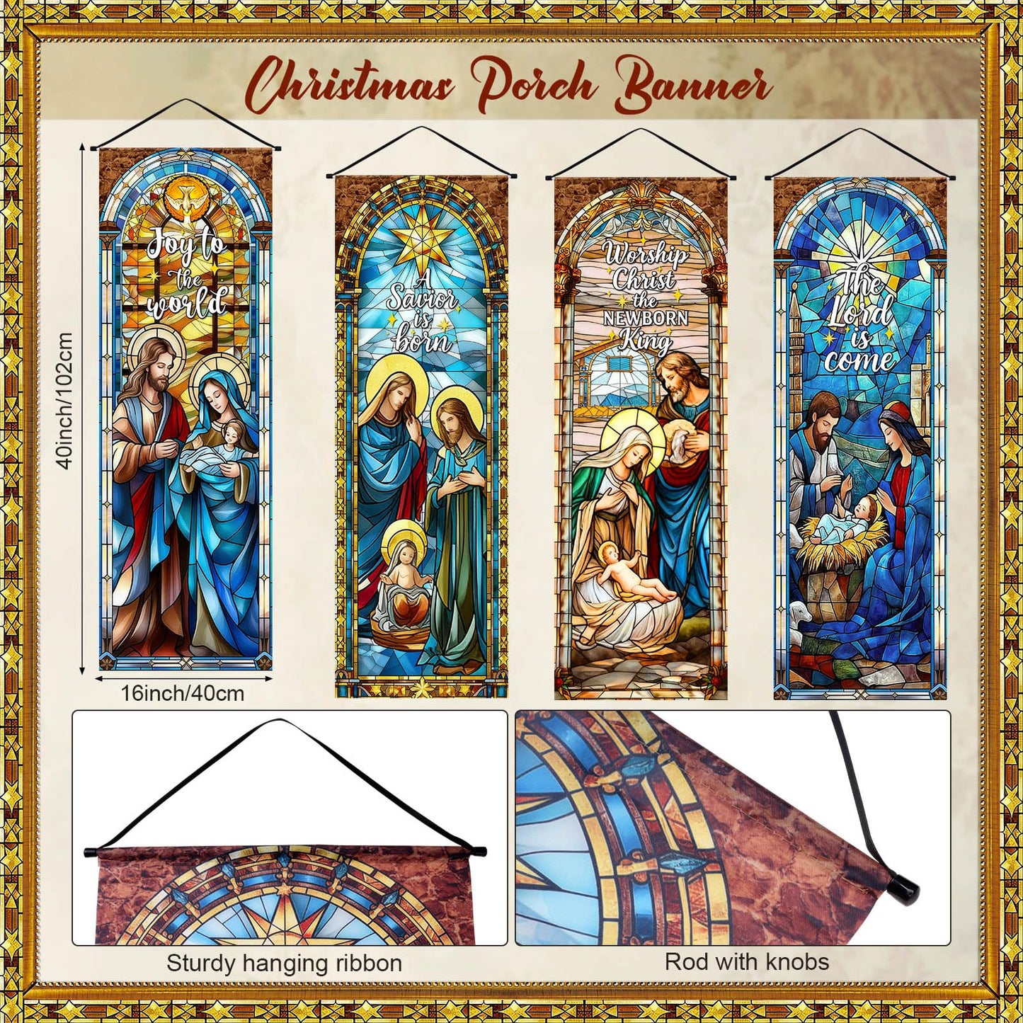 Panelee 4 Pcs Nativity Scene Banner Religious Christmas Backdrop Holy Nativity Stained Glass Style Wall Decorations Jesus Porch Sign for Xmas Indoor Outdoor Church Wall Hanging Decor