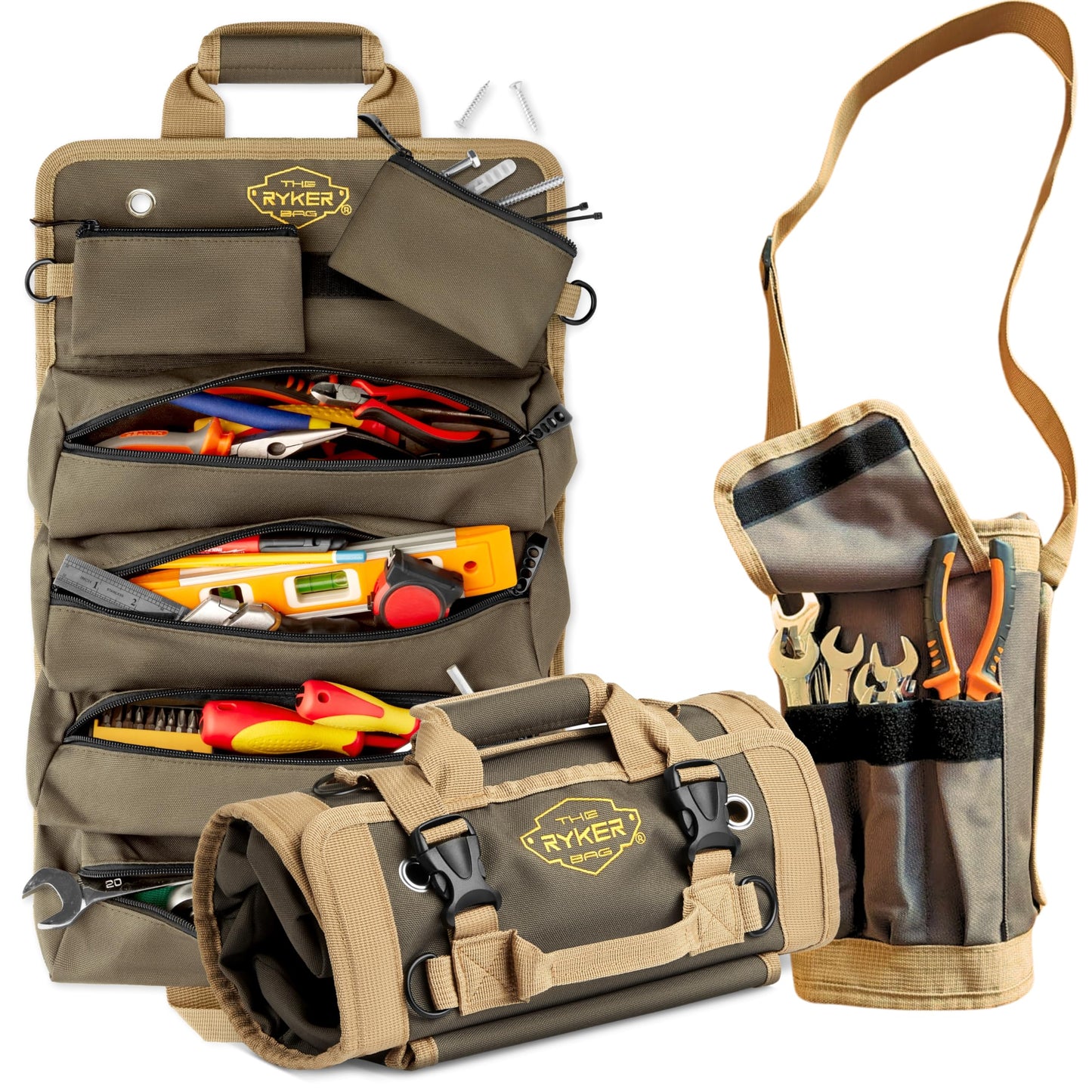 The Ryker Bag Tool Roll Organizer with Detachable Pockets – Heavy Duty Roll-Up ToolBag for Mechanics, Electricians, Plumbers, Contractors, Garage & Job Site Use Gift for Dads (AP-TR)