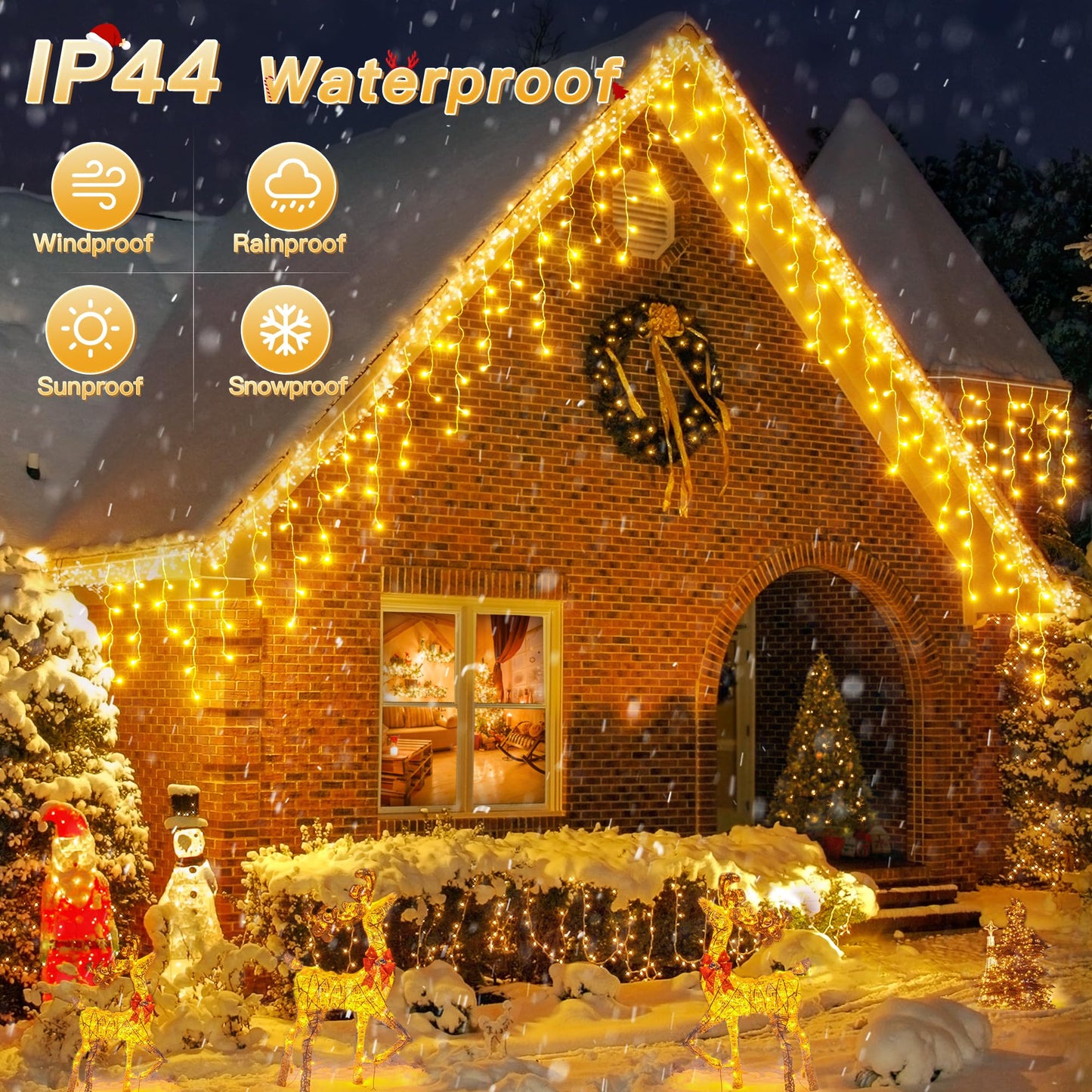 Icicle Lights for Outside, 216LED 24FT Waterproof Christmas Light Outdoor with 8 Modes & Timer, Connectable Christmas Icicle Lights for Eaves House Yard Indoor Outdoor Holiday Decoration(Warm White)