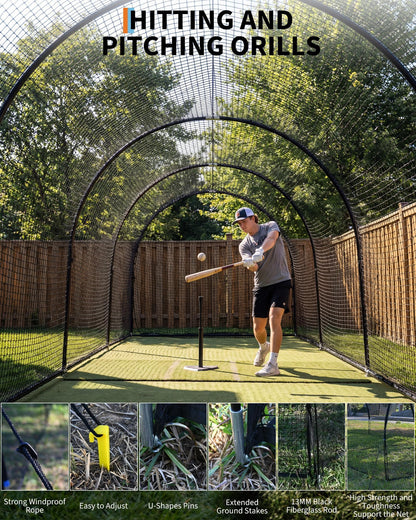32 X 12 x 8 Ft Baseball Batting Cage, Large Baseball Training Equipment for Backyard, Portable Softball Netting Cages with Frame, Pitching Machine Hole & Detachable Door –for Hitting Pitching Practice
