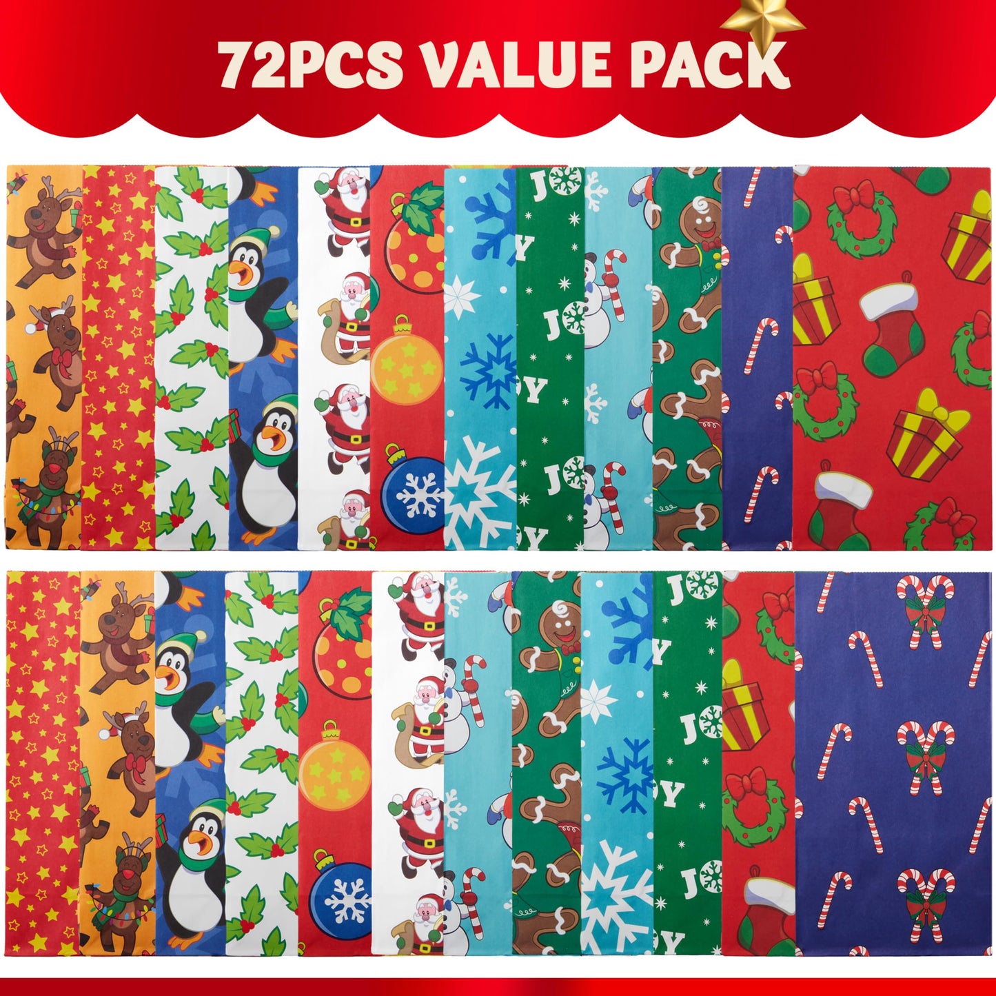 Joiedomi 72 PCS of Christmas Goody Kraft Bags, 12 Assorted Xmas Designs Small Holiday Goodie Gift Bags for Classrooms Party Favors, Christmas Craft Party Treat (9.75" x 3" x 5")