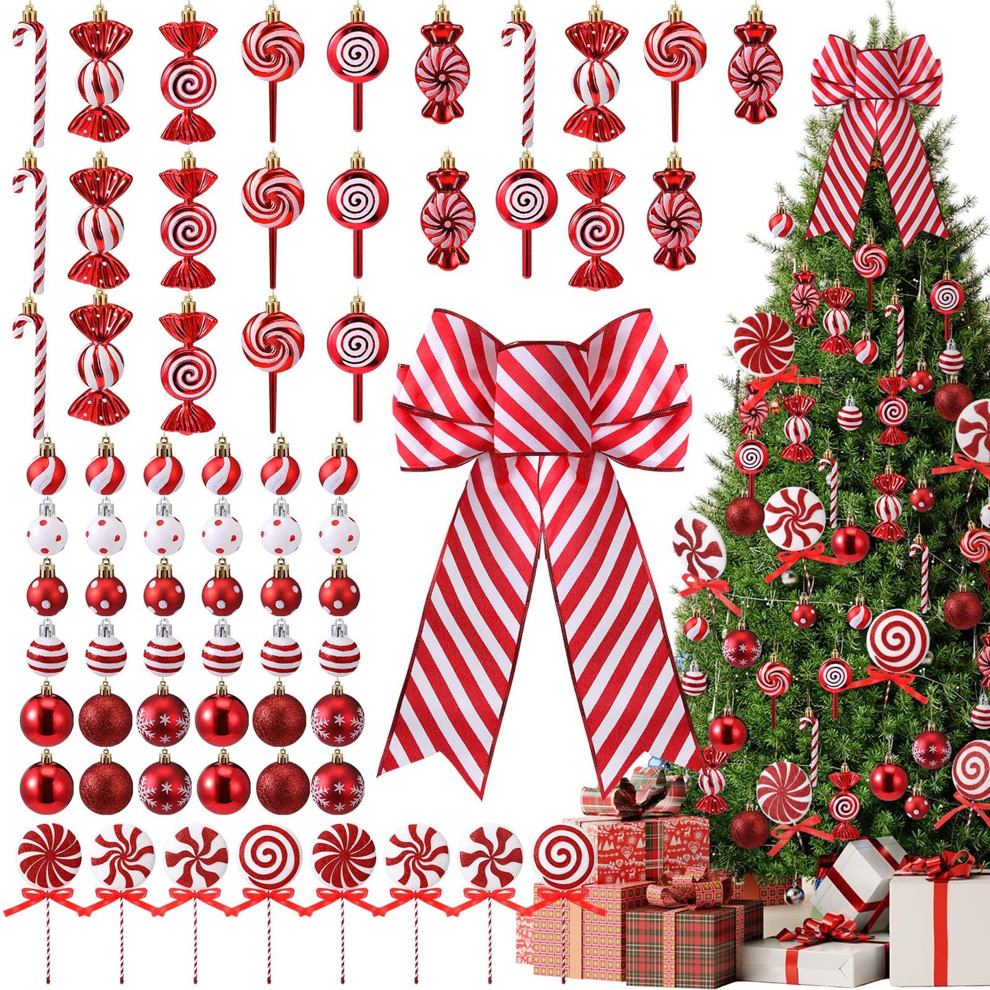 Soulchen 69 Pcs Candy Cane Christmas Tree Ornaments Set Red and White Christmas Decorations Lollipop Picks Shatterproof Hanging Xmas Balls Peppermint Striped Bow for Tree Party Holiday Decorations
