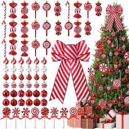 Soulchen 69 Pcs Candy Cane Christmas Tree Ornaments Set Red and White Christmas Decorations Lollipop Picks Shatterproof Hanging Xmas Balls Peppermint Striped Bow for Tree Party Holiday Decorations