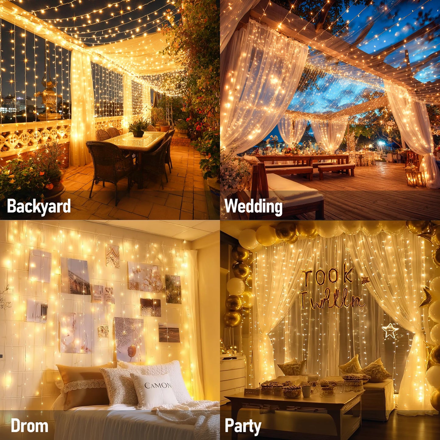 Dazzle Bright 300 LED Curtain Lights, Plug in Fairy Curtain Lights for Bedroom, Christmas Hanging String Lights Outdoor for Window Backdrop Wall Wedding Patio Indoor Dorm Party Decor, Warm White