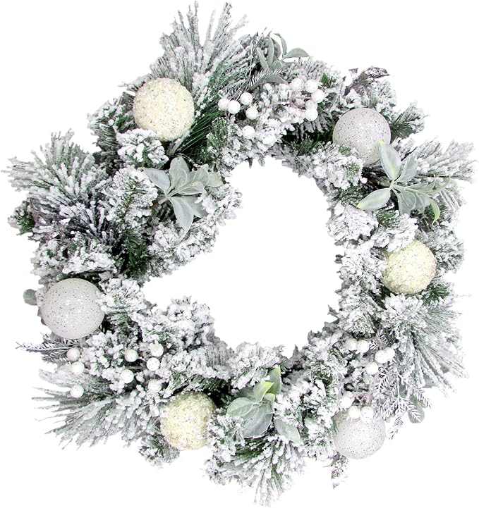 Fraser Hill Farm 24" Christmas Snow Covered Wreath Door Hanging with Glitter Ornaments, Leaves, and Berries, Artificial Holiday Hanging Decoration for Door, Wall, Mantel