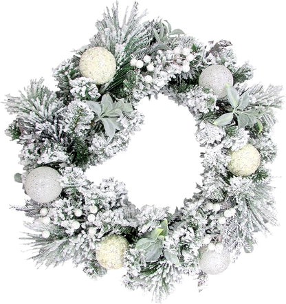 Fraser Hill Farm 24" Christmas Snow Covered Wreath Door Hanging with Glitter Ornaments, Leaves, and Berries, Artificial Holiday Hanging Decoration for Door, Wall, Mantel