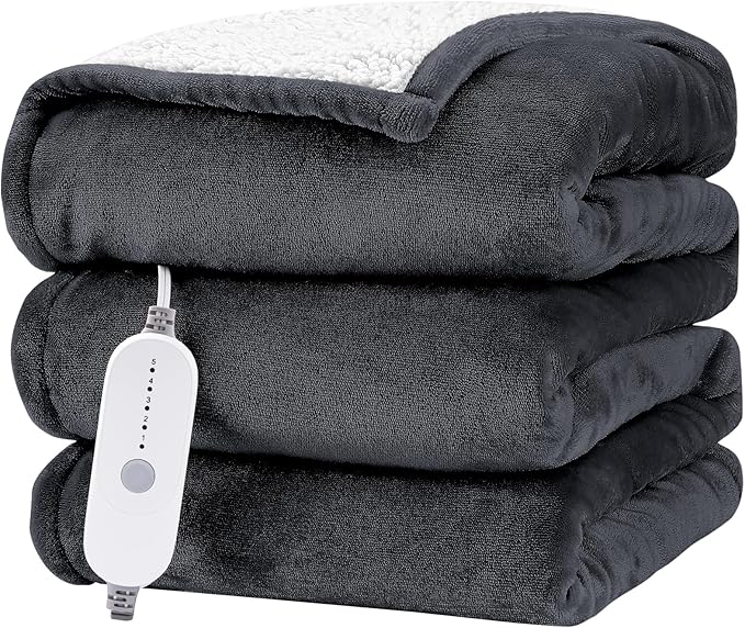 HYLEORY Heated Electric Blanket Twin 62"x84" Soft Fleece & Flannel with 5 Heating Levels & 10 Hours Timer Auto Shutt Off, ETL Certified, Washable，Heated Blanket for Body-Dark Grey