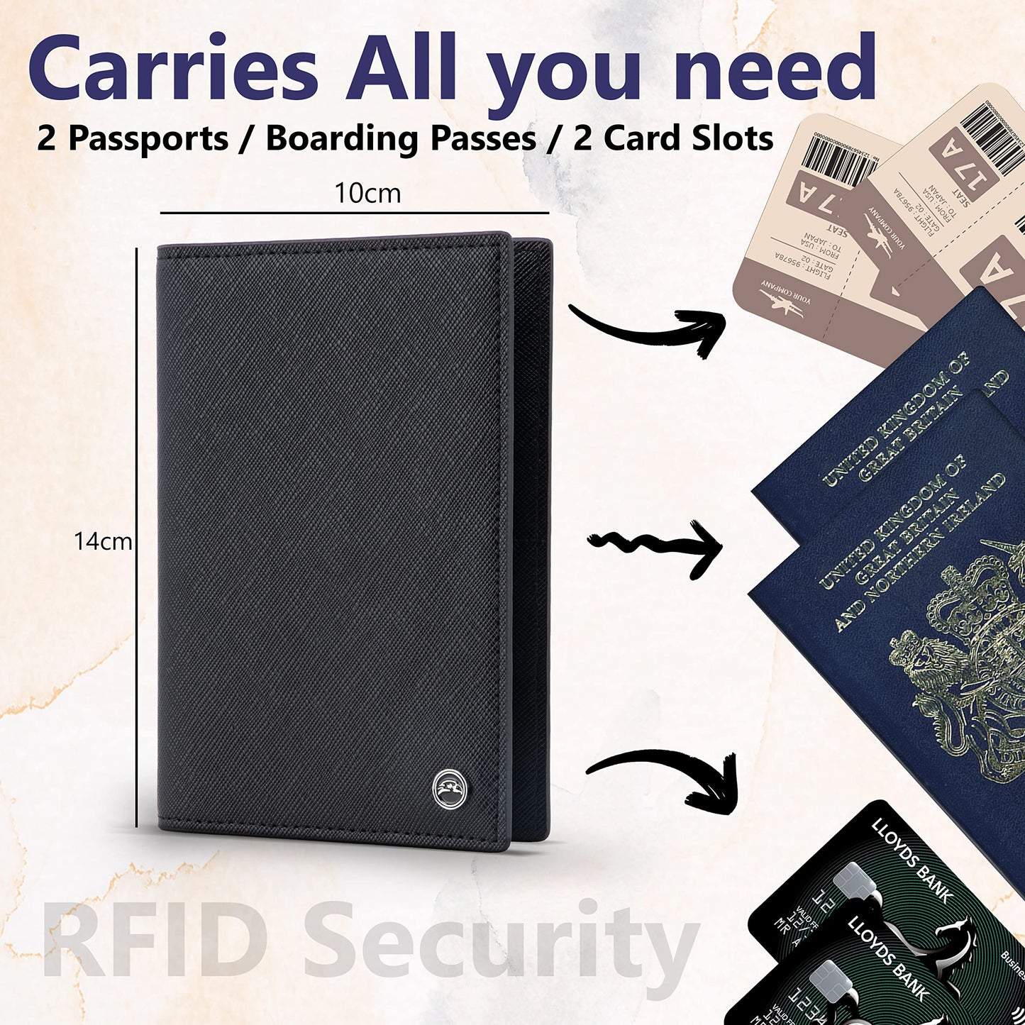 Snazzy Hawk 2 Passport Holder - Travel Essentials, RFID Blocking Wallet Credit Card Organiser, Plain Accessories Slim Cover For Men Women… (Black)