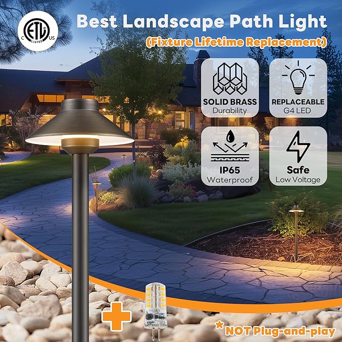 Gardenreet Brass Landscape Path Lights - 12V Low Voltage Pathway Light IP65 Waterproof, LED Outdoor Walkway Lighting Wired, Hat Bronze for Patio Lawn with 3W 2700K Warm White G4 Bulb (10 Pack)