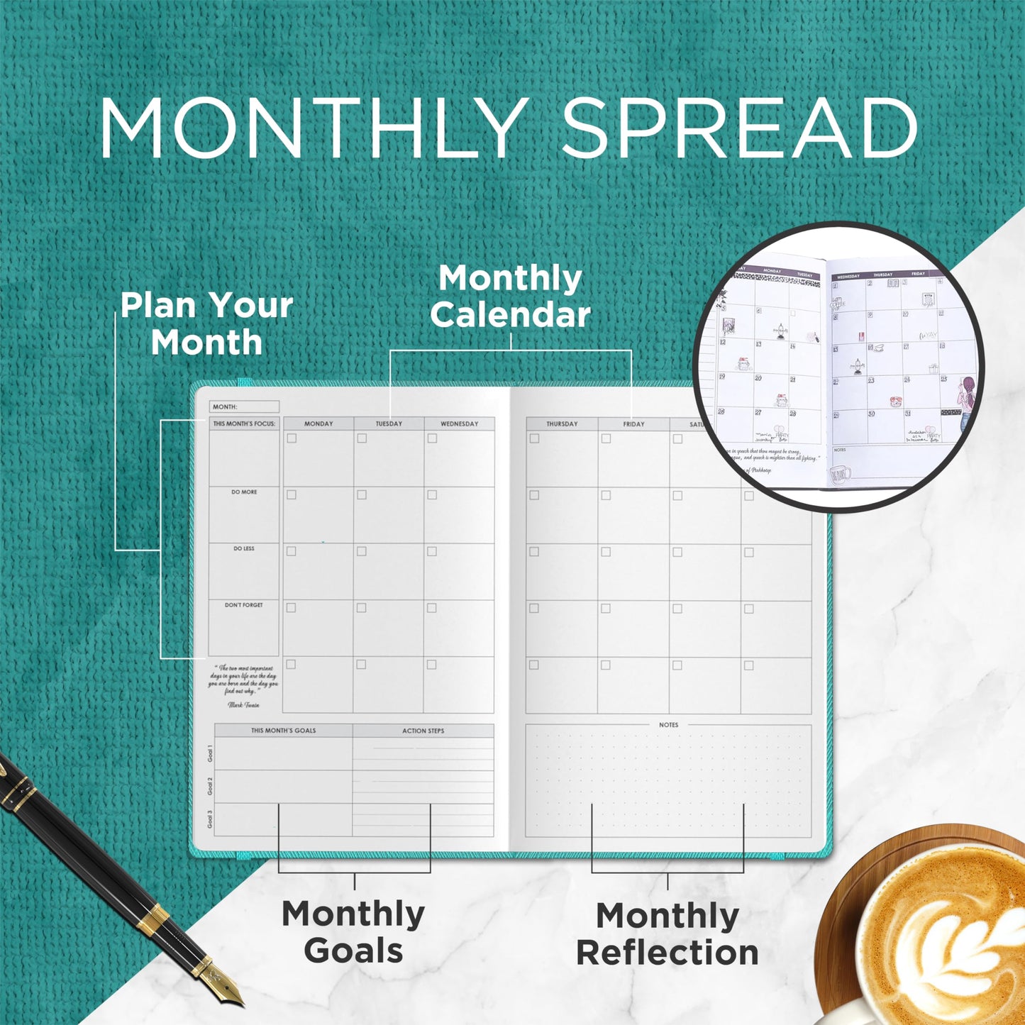 Wordsworth Undated Planner Weekly and Monthly - Dotted Blank Planner - Hardcover, Dateless Weekly Planner, 5.83 × 8.27In - Premium A5 Paper (120GSM) - Monthly, Weekly, Yearly Spread - Bullet Planner