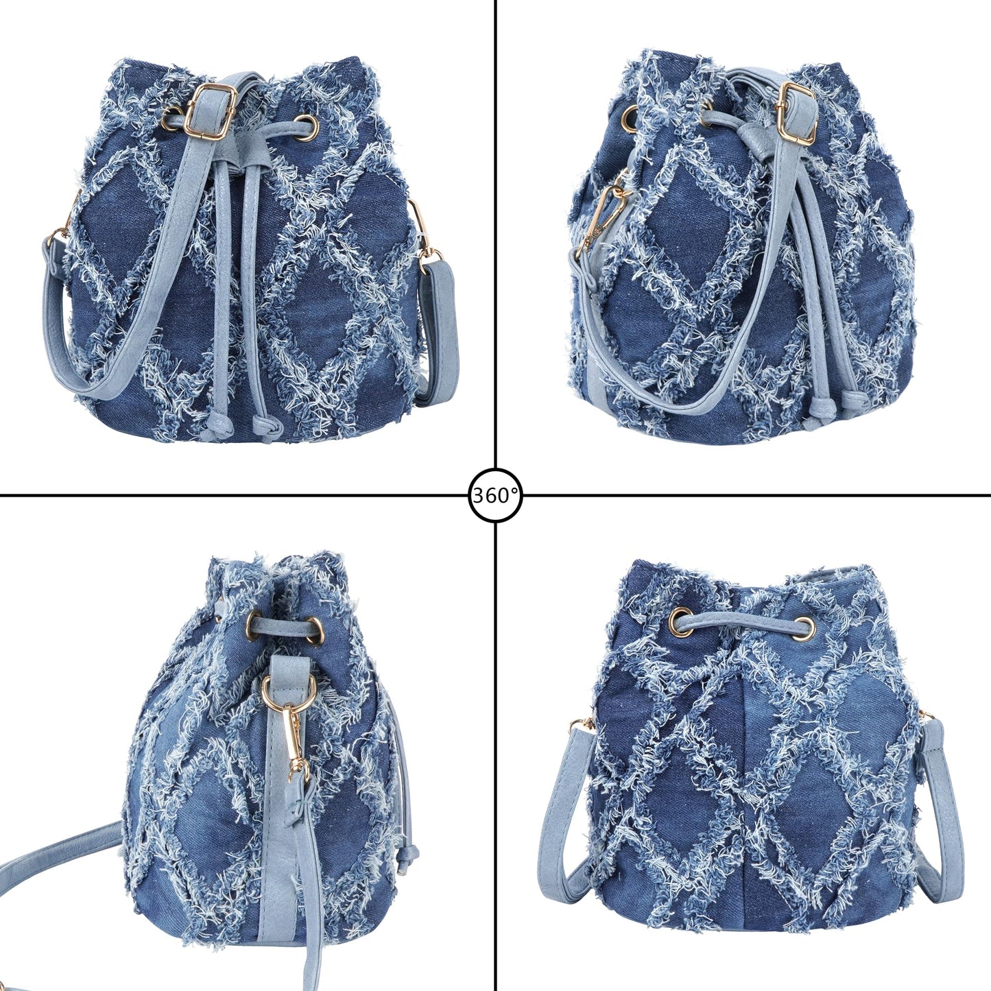 Hyuyikuwol Women Denim Mini Bucket Shoulder Crossbody Bag Drawstring Quilted Distressed Tassel Barrel Shape Satchel Purse, Blue