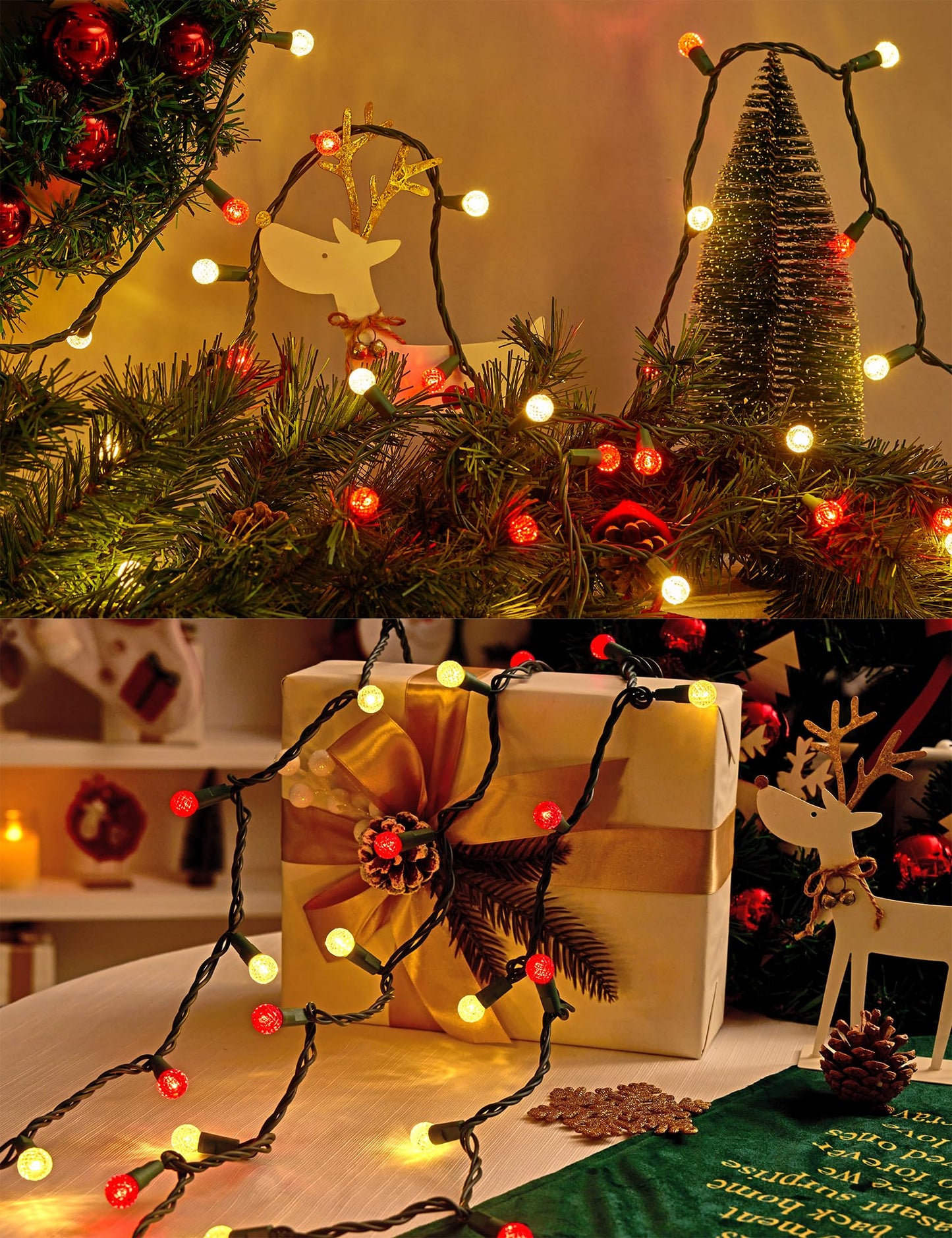 BOHON Christmas Lights 17FT 50 LED Faceted G15 Red and Warm White String Lights Outdoor Plug in Commercial Lighting Grade Tree Decorations for Indoor Xmas Decor, Green Wire, Waterproof