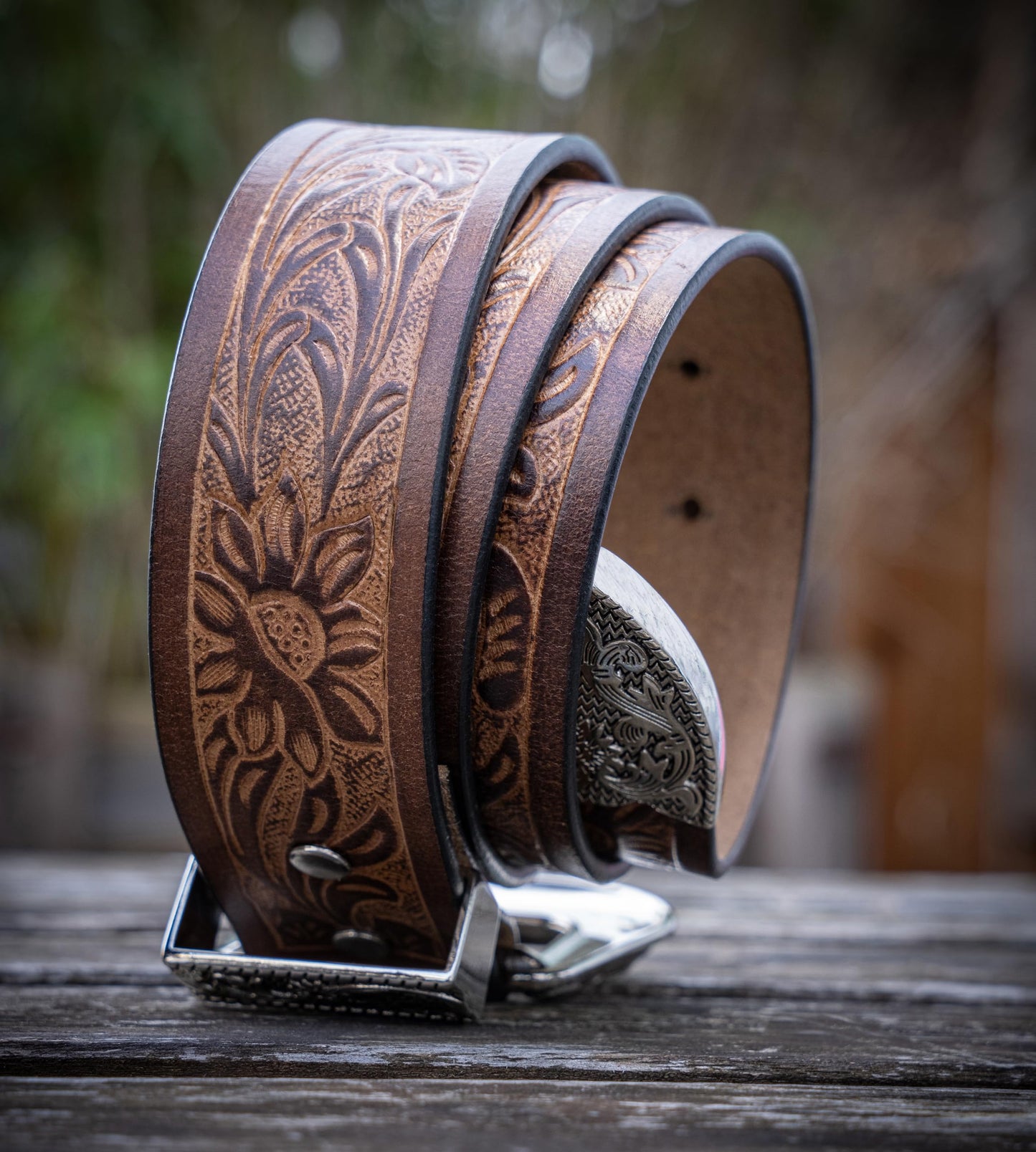 Angus Stoke western belt - Genuine buffalo leather - men's cowboy western & rodeo belt - hand-carved leather belt Jessy (Brown, 34-36")