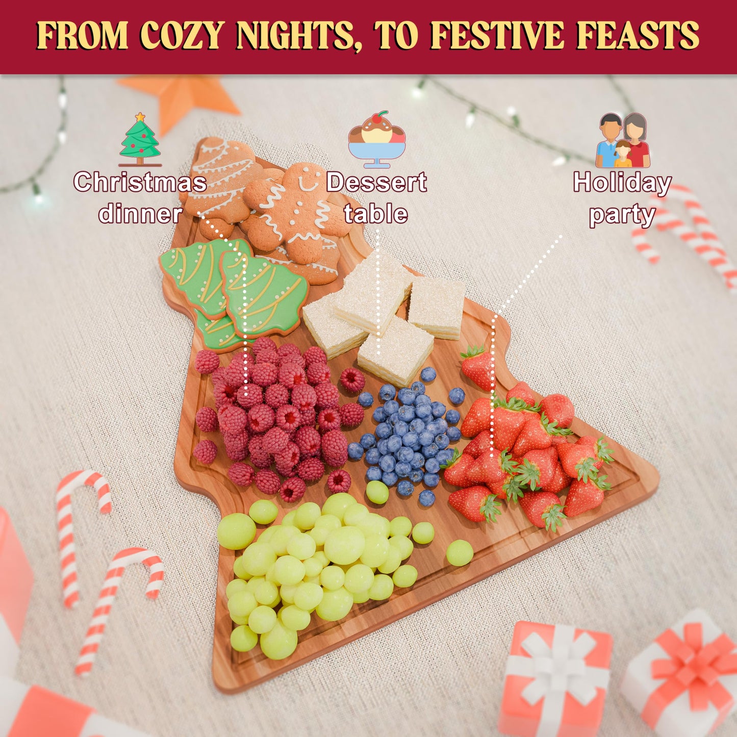 New – 17-Inch Long Large Christmas Tree Charcuterie Board – Acacia Wood Christmas Cutting Board (17x12.5in) Holiday Serving Tray, Winter Cheese Board, Wooden Christmas Platter & Kitchen Decor Gift