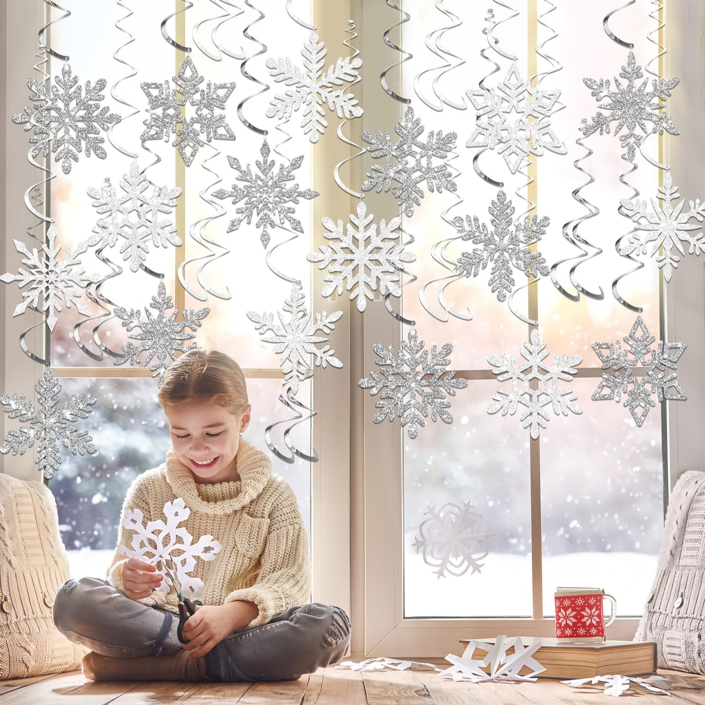 32 PCS Pre-Strung Winter Snowflake Hanging Swirl Decorations White Silver Glitter Snowflakes Hanging Swirls Christmas Snowflake Ceiling Streamers for Winter Wonderland Home Party Supplies