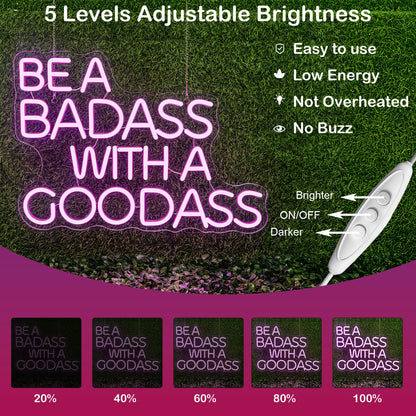 Gym Neon Sign with Pink LED Content Neon Light BE A BADASS WITH A GOODASS Light Signs for Wall Art Decor in Bar Club Ideal Birthday Gift for Teens and Adult Home Gym