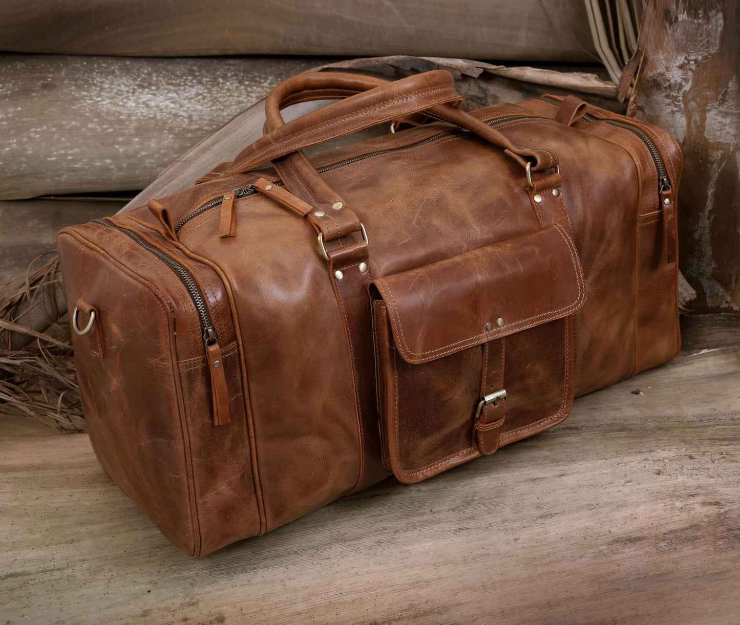 Leather Duffel Bag for Men & Women, Genuine Weekender Travel Bag, Handmade Overnight Gym Bag with Shoulder Strap, Carry-On for Business & Outdoor Travel (Asher Duffel, Light Brown, 24 Inch)