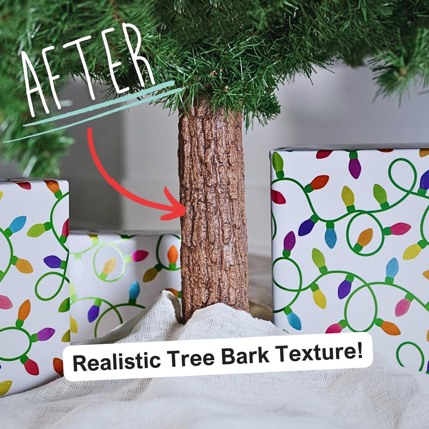 Realistic Faux Brown Bark Xmas Tree Skirt Hides Fake Pole, By Christmas Tree Hugger
