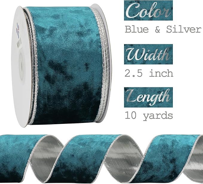 MEEDEE Crushed Teal Velvet Ribbon with Silver Back Double Sided 2.5 inch 10 Yards Blue and Gray Wired Ribbon for Christmas Tree, Wreath Supplies, Crafts Bow, Garlands, Seasonal Decorations