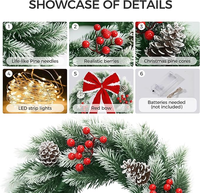 Pinkpum Lighted Christmas Wreath for Front Door Decor 16.5" Green Winter Wreath with LED String Lights for Home Wall Window Porch Farmhouse Indoor Outdoor Decorations Berries Pine Cones Bow 1 Pack
