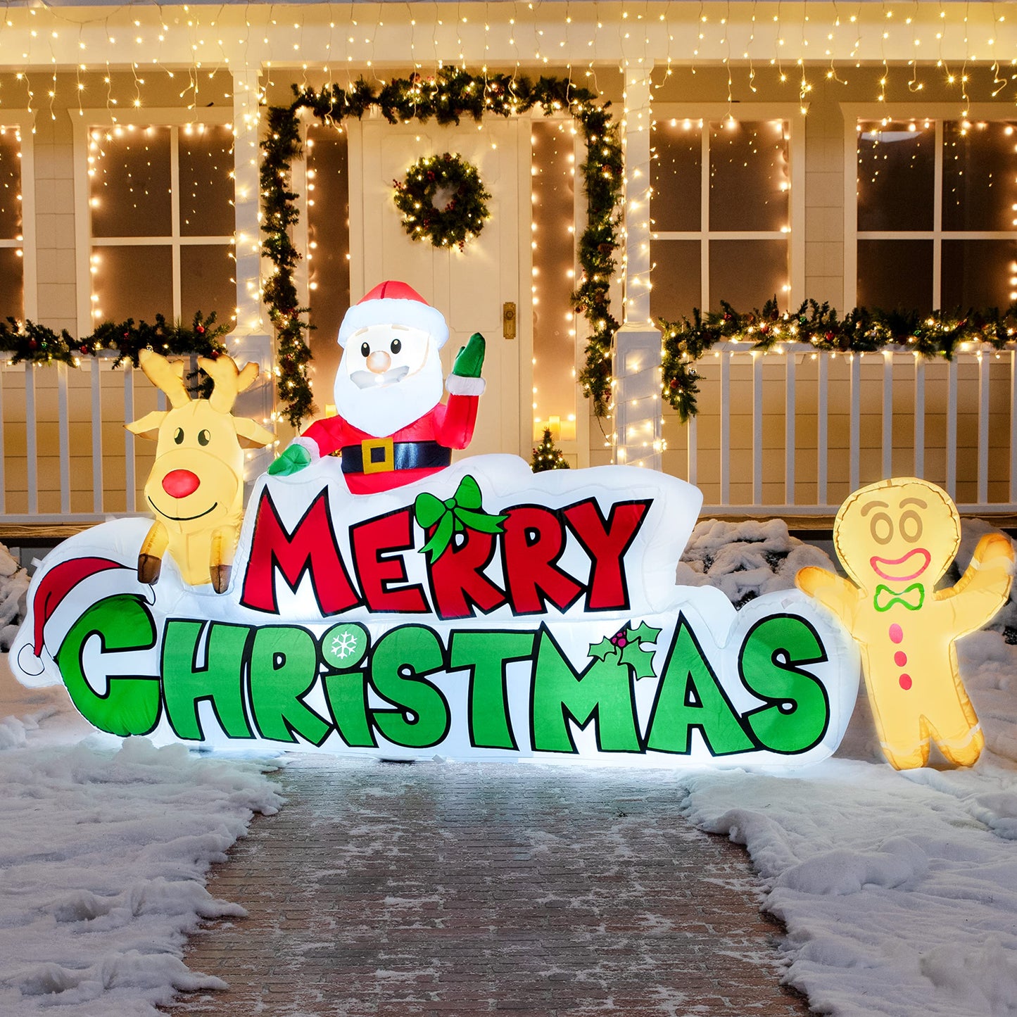 Joiedomi 9.5 FT Christmas Inflatable Merry Christmas Sign with Santa, Reindeer & Gingerbread Man – Built-in LEDs, Outdoor Yard Garden Lawn Winter Decor for Xmas Party