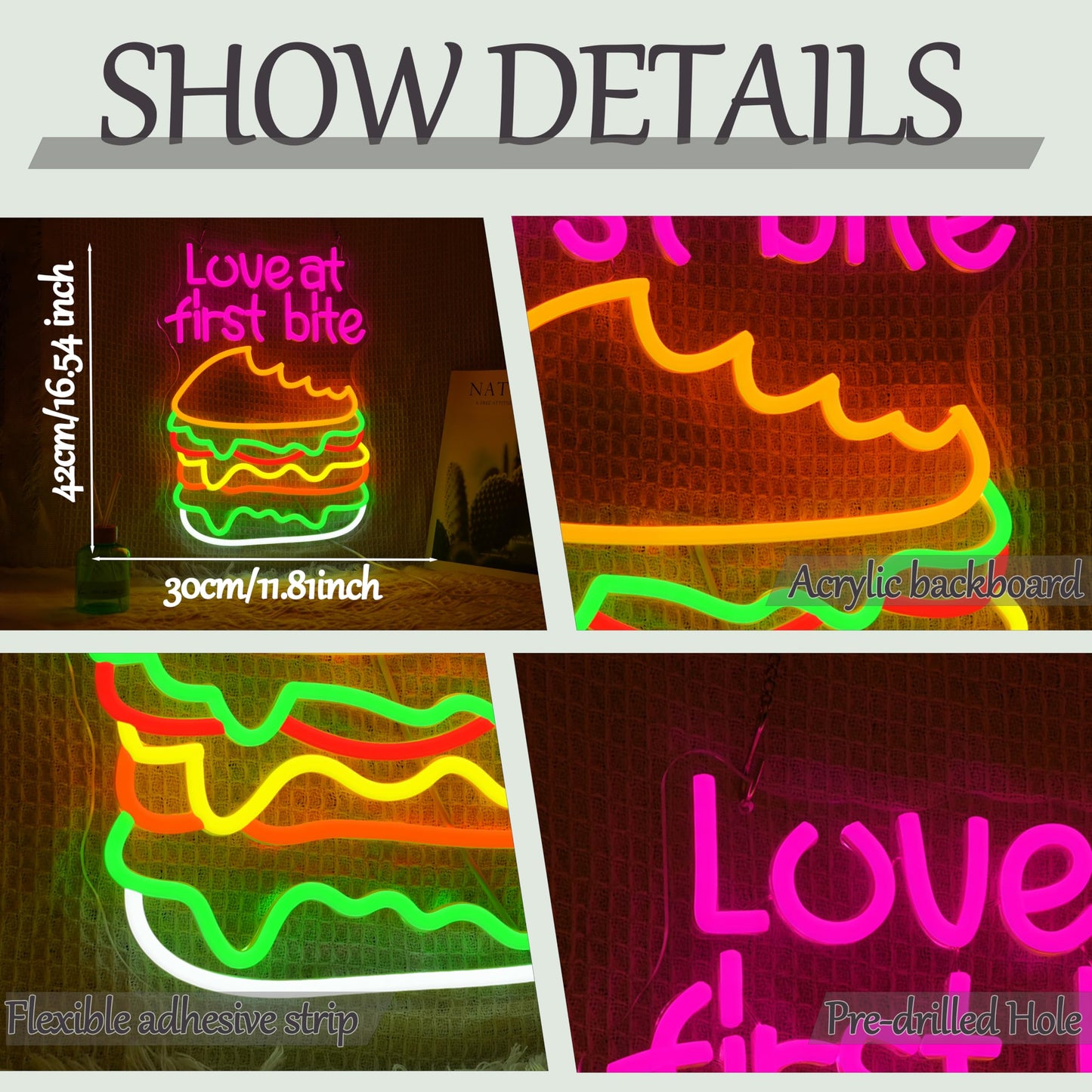 Love At First Bite Neon Sign Burger LED Neon Light Dimmable Hamburger Food Light Up Sign for Restaurant Shop Living Room Fast Food Restaurant Decoration Light Sign
