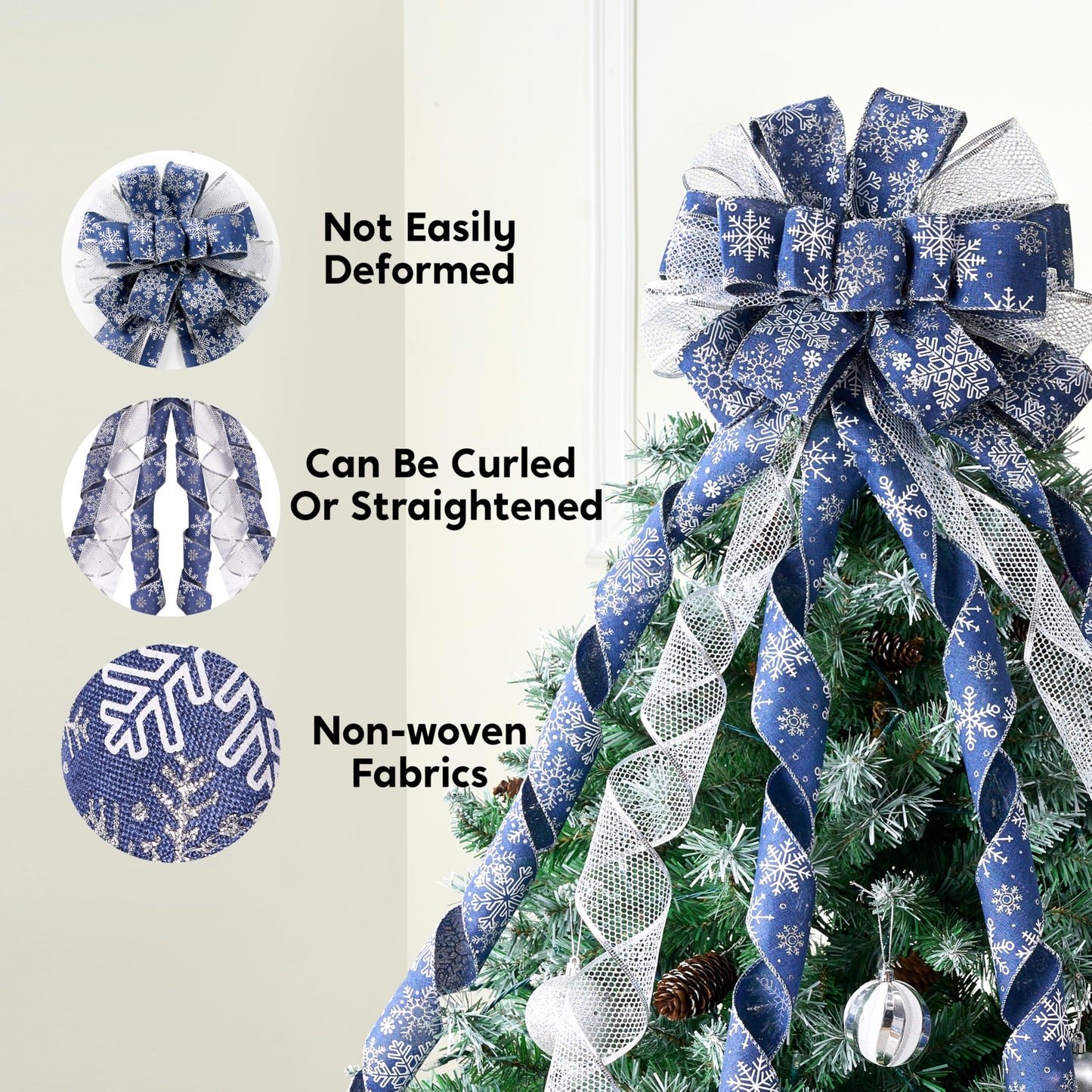 JOIEDOMI 45 Inch Christmas Tree Topper Wreath Bow, Blue and Silver Ribbon Ornaments with Snowflakes and Glitter, Large Gift Decor for Xmas Holiday Themed Decoration Home Parties Wedding