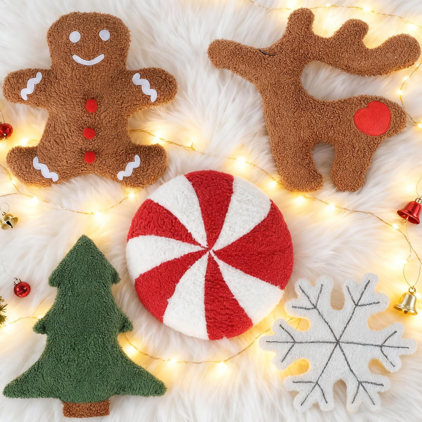 Cumule 5 Pcs Christmas Throw Pillows Cute Xmas Tree Candy Gingerbread Reindeer Snowflake Shaped Plush Pillow for Christmas Winter Holiday Party Outdoor Bedroom Cushion Decoration