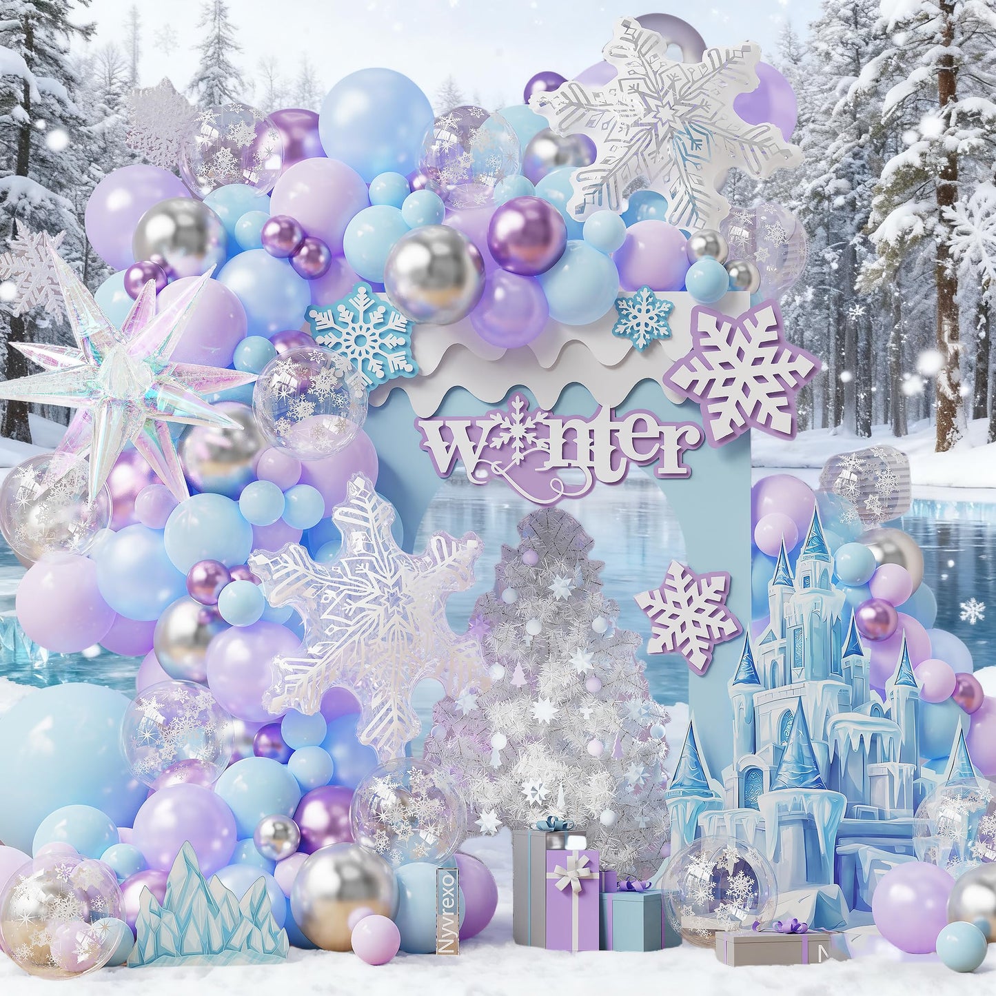 Winter Wonderland Decorations, 162Pcs Snowflake Blue Purple Balloons Arch Garland Kit with Ice Snow Iridescent Explosion Star Foil Balloons for Baby Shower Christmas Birthday Party