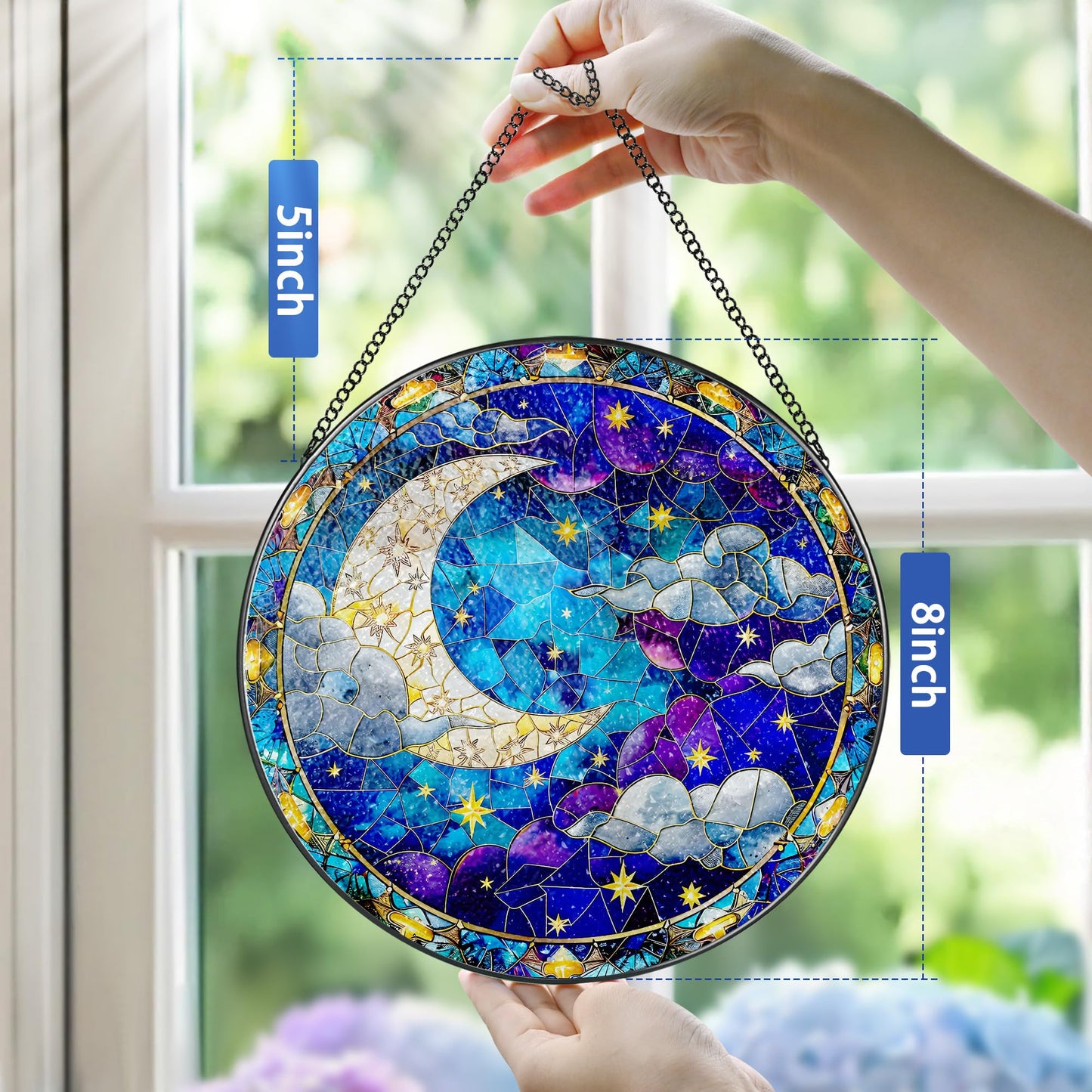 8-Inch Moon and Star Stained Glass Ornament, Stained Glass Window Hanging, Window Hanging Decor Suncatcher, Night Sky Ornament | Holiday, Mother’s Day, Housewarming | Gifts for Friend & Family