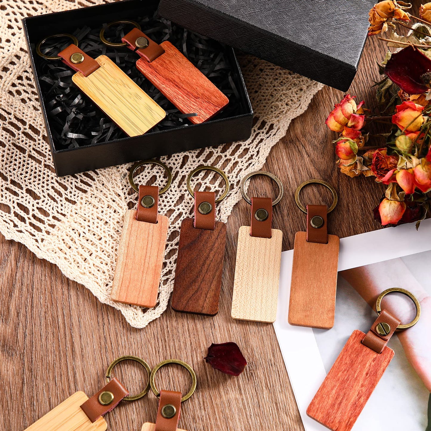 Sasylvia 50 Pcs Leather Keychain Blanks Wooden Keychain Blanks Unfinished Wood Tags with Leather Strap Keyring(White Maple, Walnut, Rosewood, Cherrywood, Bamboo)