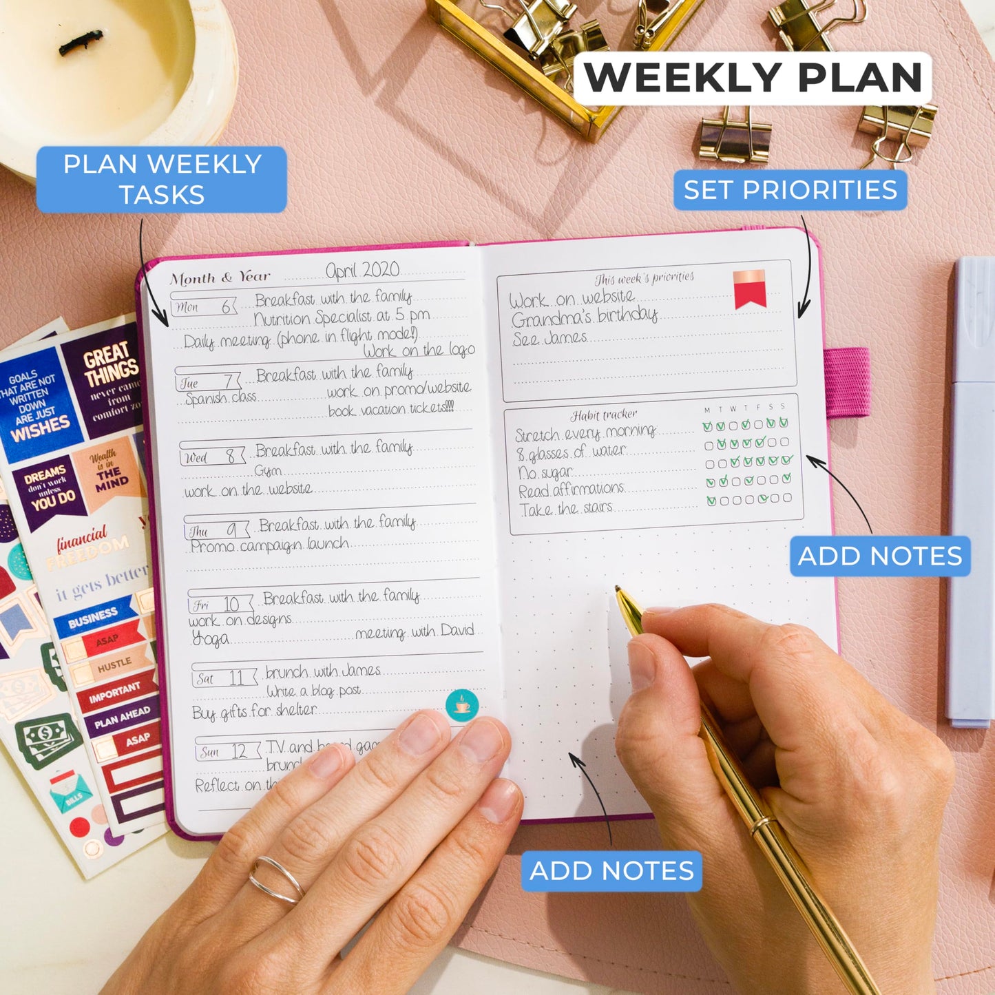GoGirl Planner and Organizer for Women – Pocket Weekly Planner, Goals Journal & Agenda for Time Management & Productivity. Undated (Hot Pink)